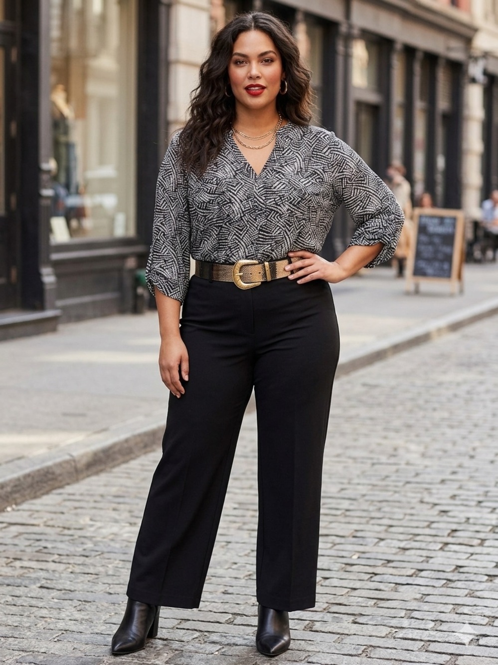 Avenue Plus Size 26/28 Geometric Print Blouse Black White V-Neck Career